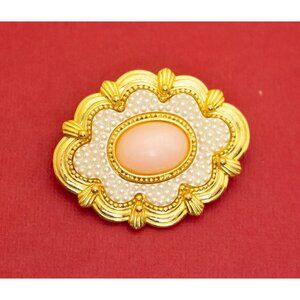 Vintage Abstract Oval Flower Pink Faux Pearl Brooch by Avon - F34
